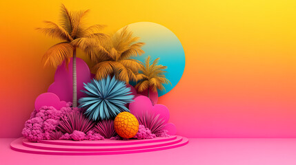 Obraz premium Vibrant tropical scene with colorful plants and a glowing sun backdrop, perfect for summer-themed designs and products.