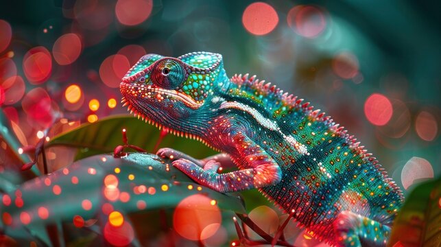 Mystical Chameleon Dance on Vibrant Green Canvas under Red Light
