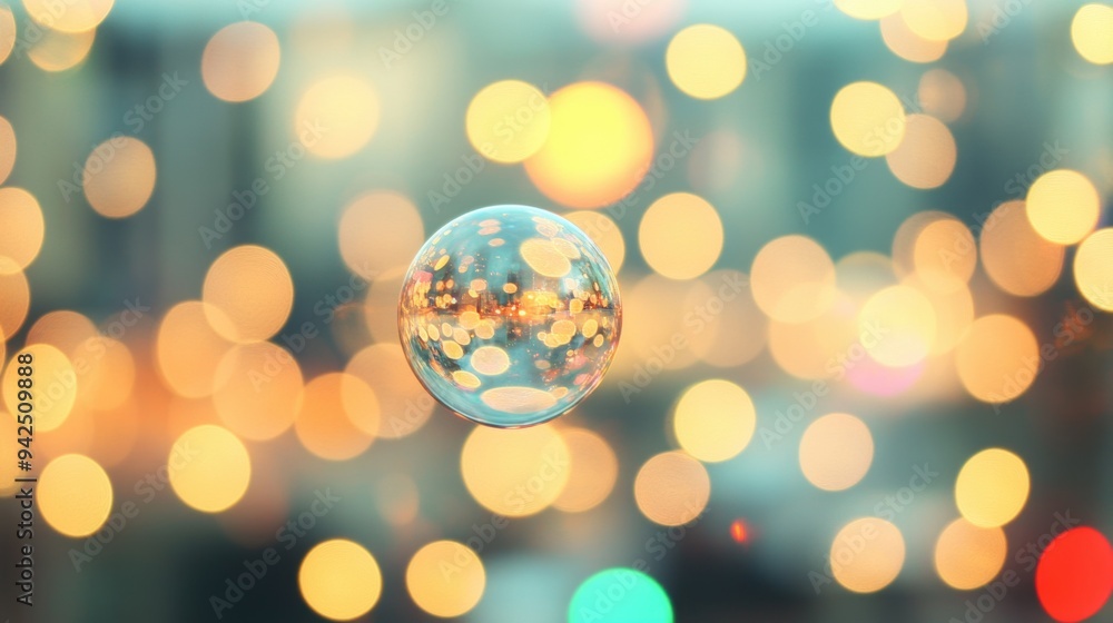 Poster a single transparent bubble floats gracefully amidst soft, glowing bokeh lights, creating a dreamy a
