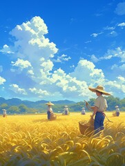 Fototapeta premium Golden Harvest Joy: Anime-Style Illustration of Hardworking Farmers in Sunlit Rice Fields - Inspiring Rural Scene for Agricultural Marketing, Cultural Campaigns, and Seasonal Promotions