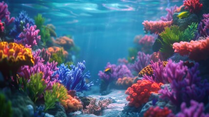 A vibrant underwater scene showcasing colorful corals and marine life, illuminated by sunlight filtering through the water.