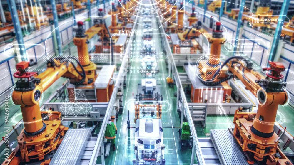 Poster automated robotic arms assembling vehicles on an assembly line.