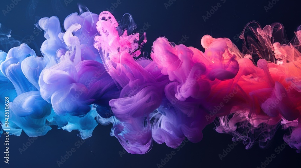 Poster vivid colorful ink clouds merging and swirling in water, creating an abstract and mesmerizing visual
