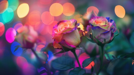 Close-up of vibrant roses with colorful bokeh lights in the background, creating a dreamy and romantic atmosphere.