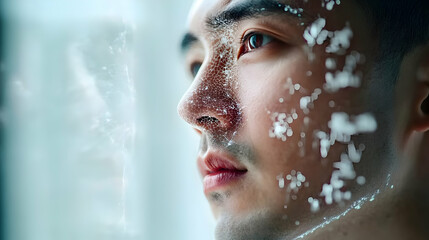 Close-up of man's face with white textured overlay.