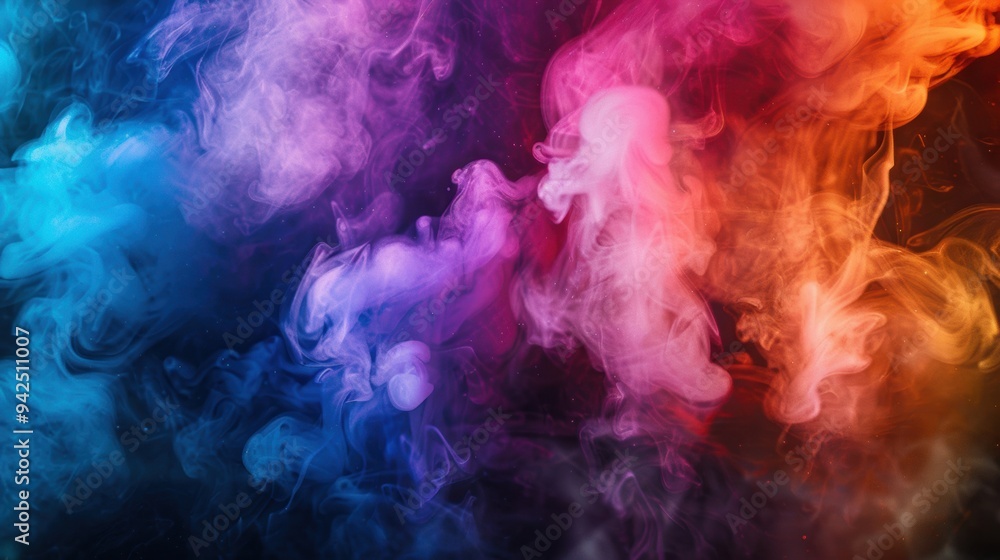 Poster multicolored ink smoke creating abstract patterns in a dark background, showcasing vibrant and fluid