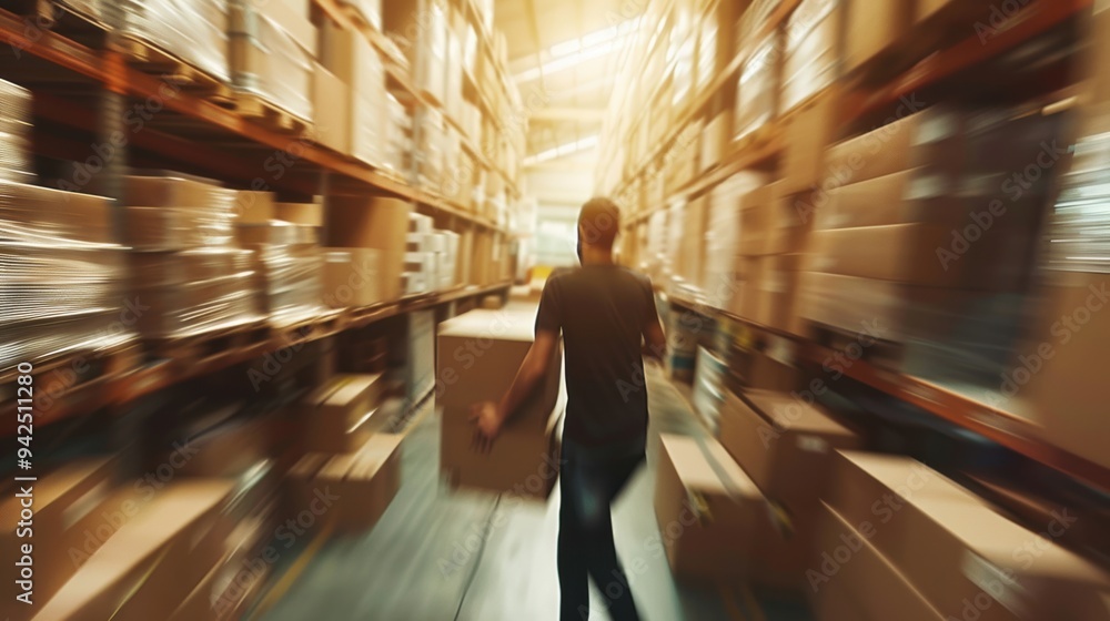 Poster warehouse worker carrying a box with motion blur effect, highlighting speed and efficiency in a busy
