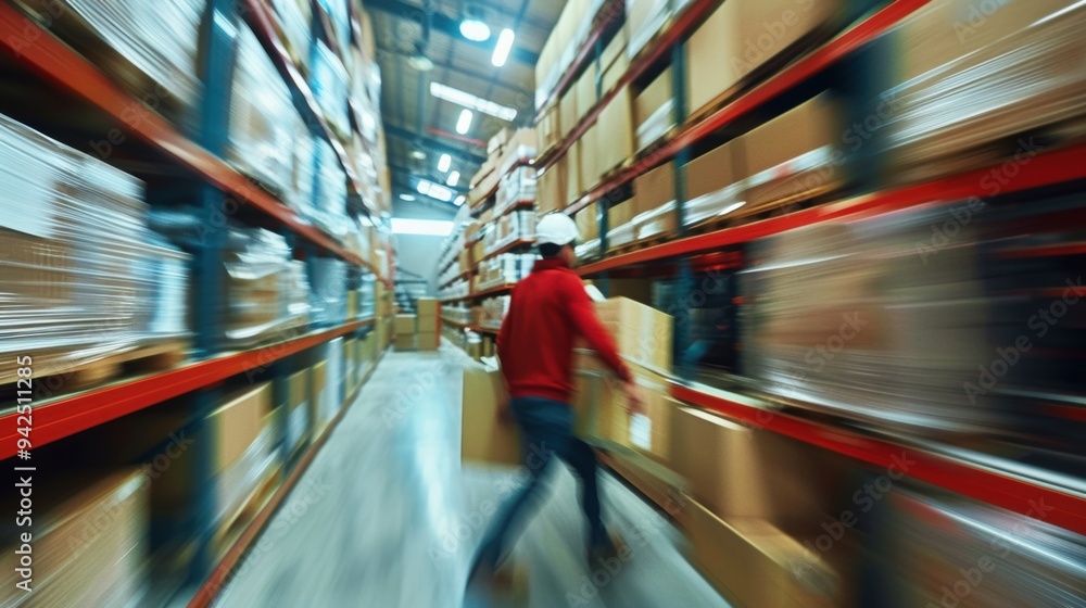 Poster warehouse worker carrying boxes with motion blur effect, emphasizing speed and efficiency in a bustl