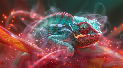 Mystical Chameleon Dance on Vibrant Green Canvas under Red Light