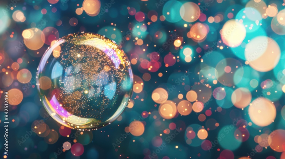 Poster a glowing bubble floating against a dark background, surrounded by bokeh lights, creating a magical 