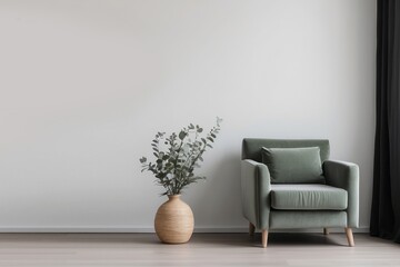 Minimalist Living Room with Green Sofa and Plant