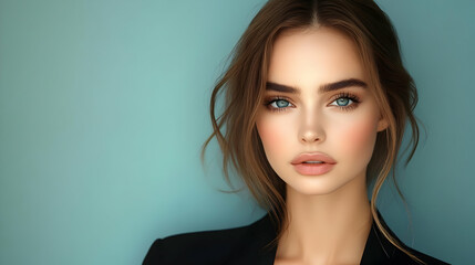 Fototapeta premium Close-up portrait of a beautiful woman with blue eyes and natural makeup.
