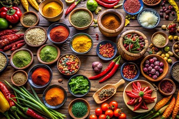 wide-angle shot of overflowing colorful ingredients