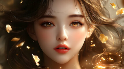 Close-up portrait of a beautiful woman with golden eyes and soft, glowing skin.