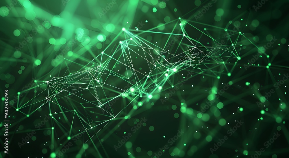 Poster abstract green background with glowing dots and lines in the form of an intricate network or web, sy