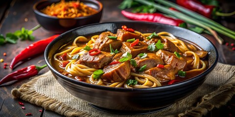 Dark, moody tones and shallow depth of field draw attention to the succulent, slow-cooked pork and silky noodles, swaddled in a rich, spicy curry sauce, radiating indulgent comfort food