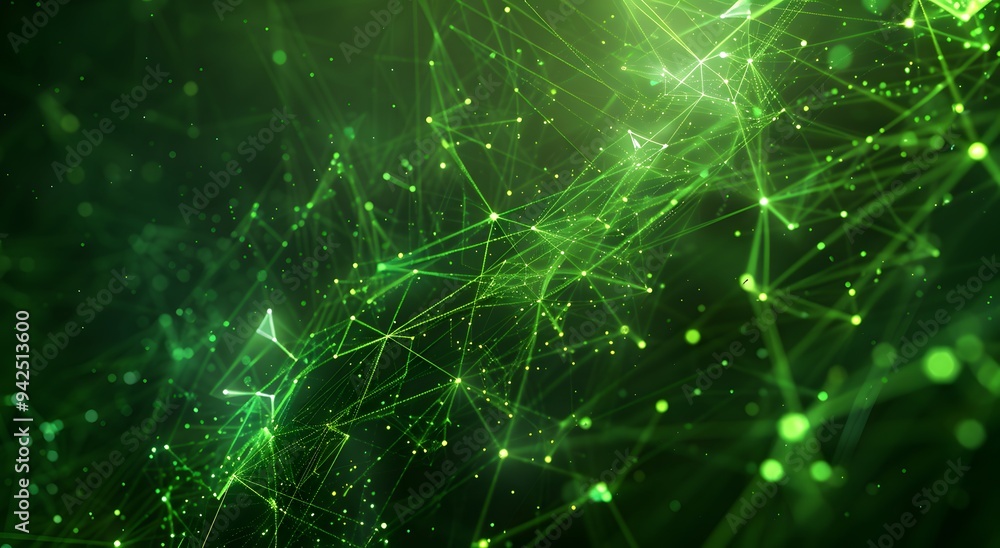 Poster abstract green background with glowing dots and lines in the form of an intricate network or web, sy