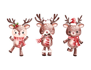 Watercolor Illustration Set of Christmas Raindeer