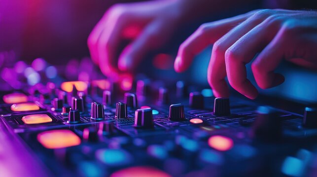 Close-up of hands manipulating DJ controller, sharp focus on glowing buttons, blurred background of a vibrant night club
