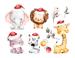 Fototapeta premium Watercolor Illustration Set of Safari Animals and Christmas Decorations