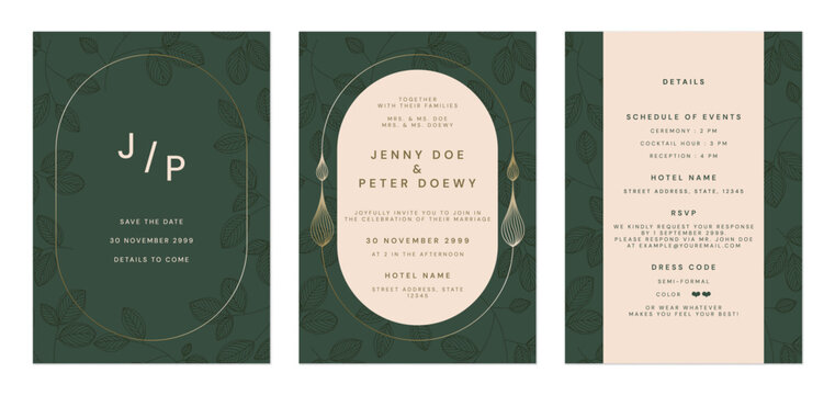 Wedding invitation template set, minimal elegant leaves in green and gold tones