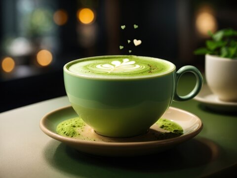 A cup with match latte milk foam decoration on surface