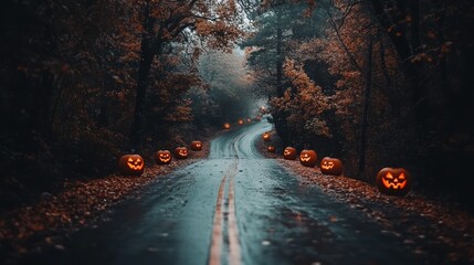 A dark, winding road lined with glowing jack-o'-lanterns surrounded by autumn leaves, leading into a misty forest, creating a spooky Halloween vibe.