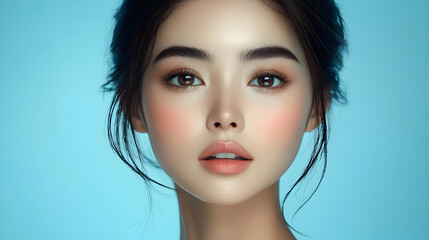 Fototapeta premium Close-up portrait of a beautiful young woman with perfect skin and makeup looking directly at the camera.