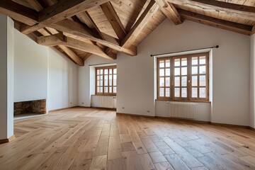 Fototapeta premium Empty Room with Wooden Beams, Windows, and Hardwood Flooring