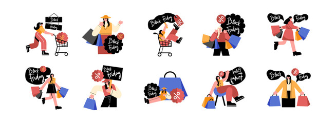 Black Friday flat illustration set. Include of discount, banner, sale, offer, and season. Vector illustration isolated transparent background