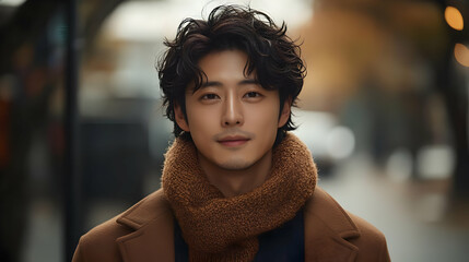 Close-up portrait of a handsome young man with curly hair wearing a brown coat and scarf.