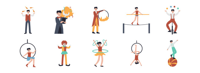 Circus flat illustration set. Include of circus, show, carnival, entertainment, and amusement. Vector illustration isolated transparent background