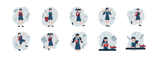 Fototapeta premium Children Back To School flat illustration set. Include of education, kid, study, person, and backpack. Vector illustration isolated transparent background