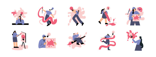 Creativity flat illustration set. Include of flyer, project, computer, success, and advertising. Vector illustration isolated transparent background