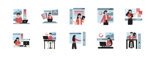 Designer Character flat illustration set. Include of graphic, project, creative, and innovation. Vector illustration isolated transparent background