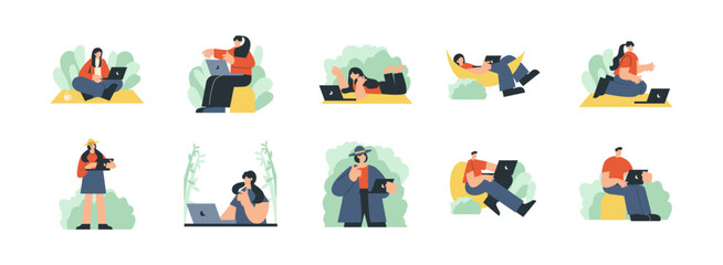 Fototapeta premium Digital Nomad Lifestyle flat illustration set. Include of laptop, travel, business, computer, internet, and digital nomad. Vector illustration isolated transparent background
