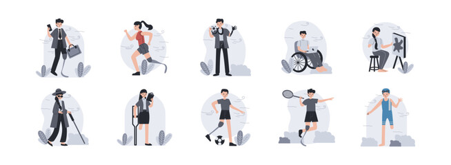 Disabled Activity Character flat illustration set. Include of disability, active, wheelchair, sport, and athlete. Vector illustration isolated transparent background
