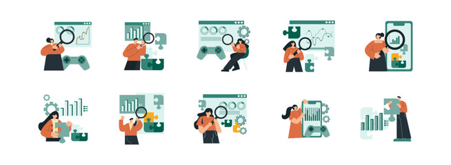 Game Analyst flat illustration set. Include of analyst, technology, game, data, computer, and professional. Vector illustration isolated transparent background
