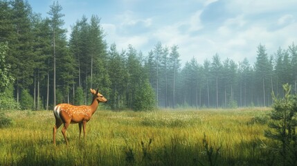 Fototapeta premium A deer stands in a grassy field with tall trees in the background. The deer looks around as it grazes on the grass, surrounded by a natural landscape