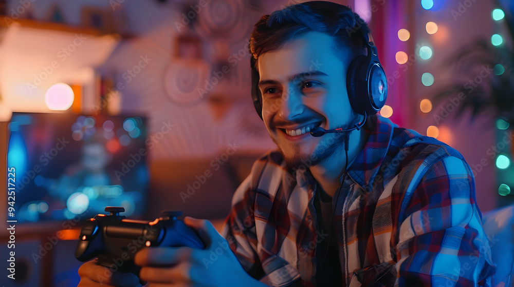 Poster smiling guy in headphone playing videogame with gamepad