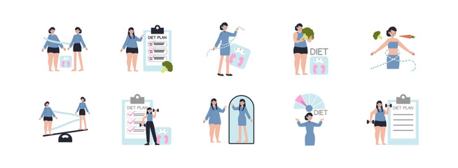 Loss Weight Character flat illustration set. Include of weight, body, lifestyle, loss, and exercise. Vector illustration isolated transparent background