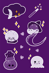 Cloud with moon, wand, Cristal ball, pouch with tarot cards, ghost and snake Cute magic characters