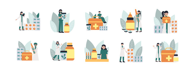 Pharmacy Medicine flat illustration set. Include of health, medicine, pharmacy, medication, and drug. Vector illustration isolated transparent background
