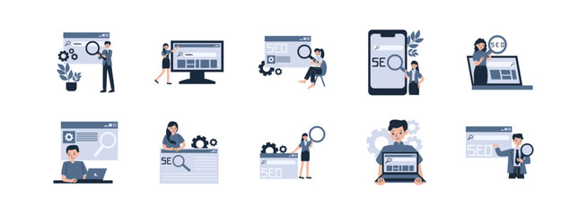 SEO Website Character flat illustration set. Include of seo, website, marketing, technology, and network. Vector illustration isolated transparent background