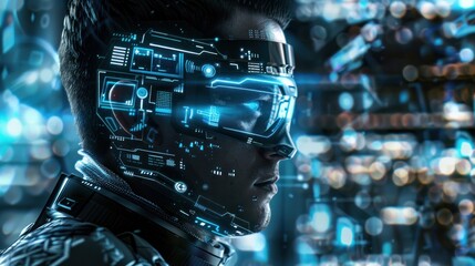 Fototapeta premium Futuristic cyborg with glowing HUD display.