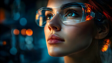 Close-up portrait of a woman wearing futuristic glasses looking upwards with a thoughtful expression.