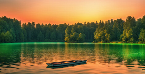 Obraz premium A sunset view of a quiet lake with a small boat floating by
