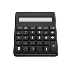 A black calculator with a white display and black buttons.  The calculator is isolated on a white background.