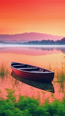 A sunset view of a quiet lake with a small boat floating by
