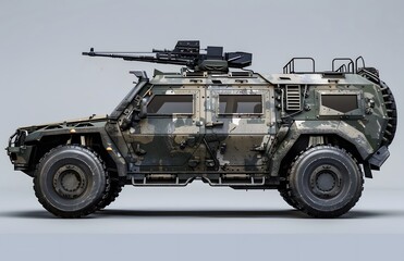 Fototapeta premium The armored vehicle is equipped with an armored roof, covered in the style of tactical metal plate, and two large side armor panels for protection against small arms fire or other shots from a dutch a